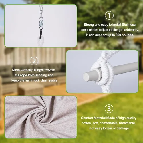 Vista 4 de Backyard Expressions Silla Hamaca Colgante con Cojines y Kit para Colgar – Capacidad de 500 lb, Tela de Mezcla de Algodón, para Uso