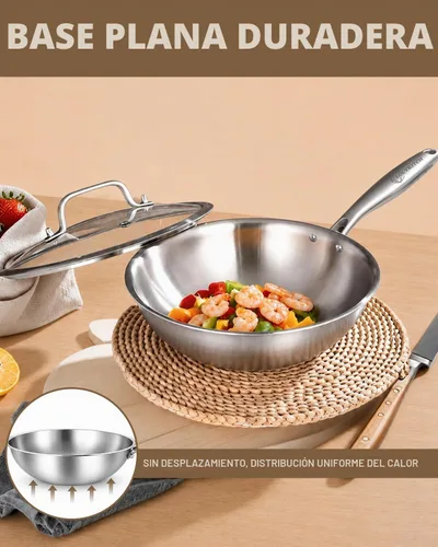 Vista 5 de LOLYKITCH Wok Pan de acero inoxidable de tres capas de 11 pulgadas con tapa
