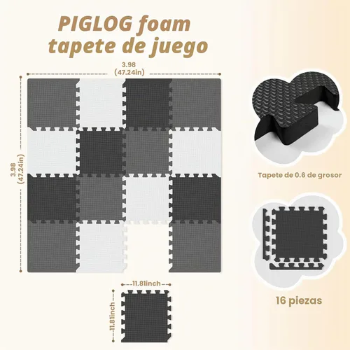 Vista 4 de 16 piezas de alfombrilla de juego para bebé para el piso, alfombrilla de juego de espuma EVA para bebé con baldosas de alfombra entrelazadas de 1.5