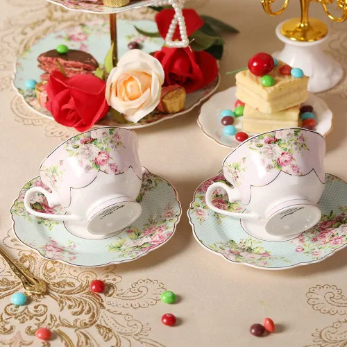 Vista 5 de Juego de taza de té y platillo de porcelana fina, azalea rosa, borde dorado, juego de cuatro