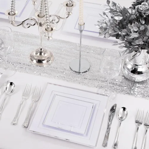 Vista 6 de Liacere 100 platos cuadrados de plástico blanco y plateado, 50 platos de cena blancos resistentes de 9.5 pulgadas y 50 platos de postre de 6 Blanco