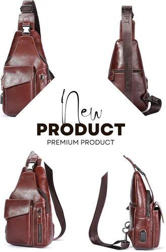 Vista 7 de Bolso bandolera pequeño de cuero para mujeres y hombres, bolsa cruzada, bolsa de pecho, mochila de viaje de hombro, resistente al agua, Caoba