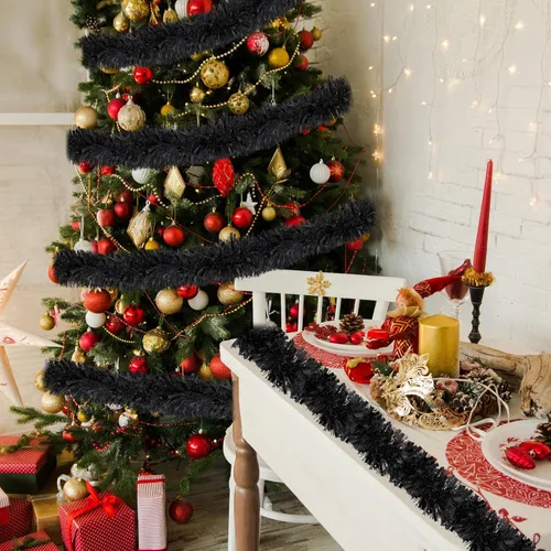 Vista 3 de Ceenna Guirnalda de oropel de Navidad de 150 pies, guirnalda metálica giratoria, brillante para colgar en el árbol de Navidad, suministros de Negro