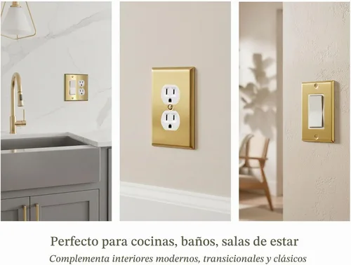 Vista 7 de Rio Salto Placa de pared de metal dorado en latón Placa de salida en blanco Cubierta para tomas de corriente no utilizadas Interruptor de pared de 1