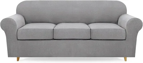 Vista 8 de Lamberia Funda de sofá de alta elasticidad para sofá de 3 cojines, 4 piezas, gruesa y lavable, funda de sofá jacquard de felpa, protector de muebles