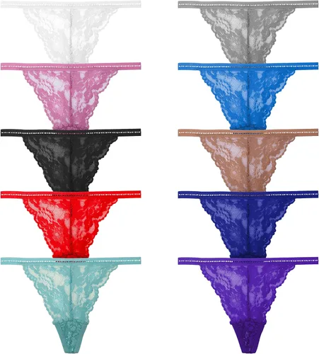 Vista 12 de T Back Sexy Low Rise Elástico Invisible Patrones Encaje Algodón Mujeres Tangas Pack Tangas de cinturón de 10