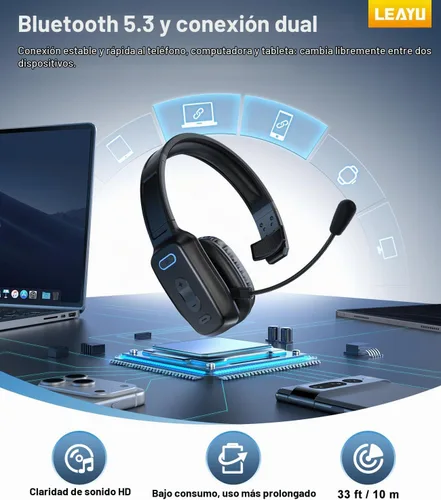 Vista 4 de Auriculares Bluetooth Trucker, micrófono con cancelación de ruido AI de 60 horas para conducir Mute Button, Multipoint Pairing, Single-Ear Design