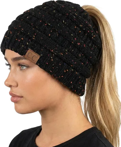 Vista 23 de Funky Junque Gorro de Cola de Caballo para Mujeres - Gorro de Invierno Ponyback Suave Elástico de Punto Trenzado Cola Alta Gorros para Correr