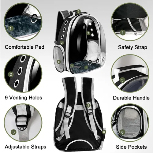 Vista 3 de Mochila transportadora para gatos, transportador de mascotas con diseño ventilado para transportar cachorros y gatos, mochila transportadora de Negro