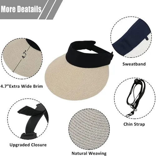 Vista 6 de Sombrero de paja para mujer, visera ancha, protección UV, gorra de playa, plegable, estilo coreano