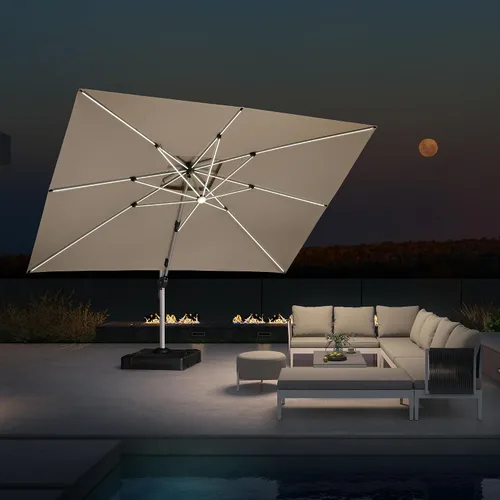 Vista 19 de PURPLE LEAF Sombrilla de patio de 9 x 12 pies con luces, sombrilla rectangular voladiza para exteriores, funciona con energía solar, LED