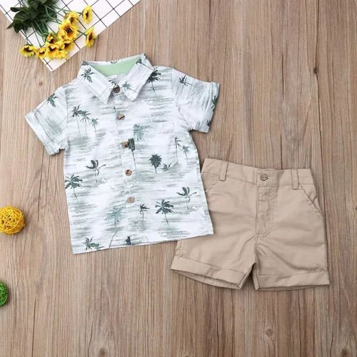 Vista 2 de Conjunto de camisa de manga corta con botones y pantalones cortos casuales con diseño de flamingo, para bebés y niños de 1 a 6 años, atuendos