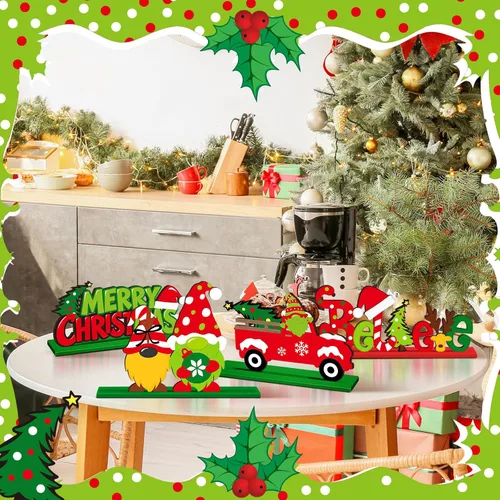 Vista 4 de Realspring 6 piezas de decoración de mesa de Navidad, centros de mesa de madera de Merry Christmas, decoración de mesa Joy Wood, gnomos de jengibre