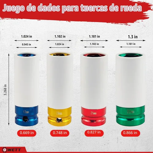 Vista 2 de WETT Juego de 4 piezas de 1/2 pulgada de tuerca de rueda con enchufe, protector de rueda de pared delgada con enchufe de impacto profundo, acero