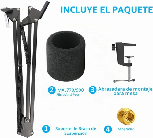 Vista 2 de YOUSHARES MXL 770 990 - Soporte de micrófono con filtro pop - Soporte de brazo de tijera con parabrisas de espuma para micrófonos MXL 990 770 Brazo