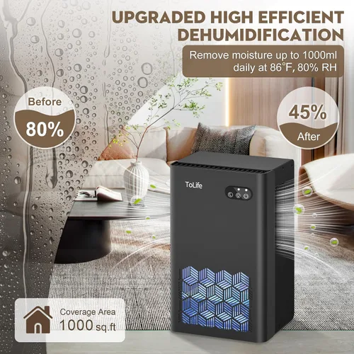 Vista 2 de ToLife Deshumidificador para el hogar, deshumidificadores de 1000 pies cuadrados para sótano, dormitorio, baño, con tanque de agua de 95 onzas