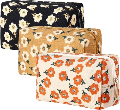 Vista 9 de Photect Juego de 3 bolsas de maquillaje floral para bolso, bolsa de lona de pana, pequeña bolsa de cosméticos para mujeres, mini artículos