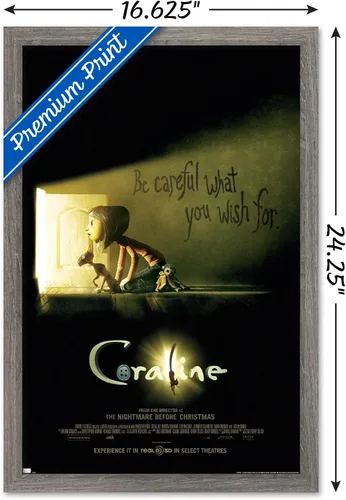 Vista 3 de Trends International Coraline - Póster de pared con texto en inglés «Be Careful» Versión enmarcada Barnwood