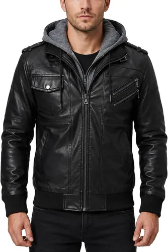 Vista 2 de INVACHI Men's Faux Leather Jacket, Motorcycle Bomber with Removable Hood Un negro