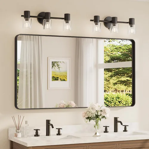Vista 39 de Espejo de marco dorado cepillado de 16 x 24 pulgadas, espejo de tocador de baño de latón dorado para pared, espejo enmarcado rectangular de esquina