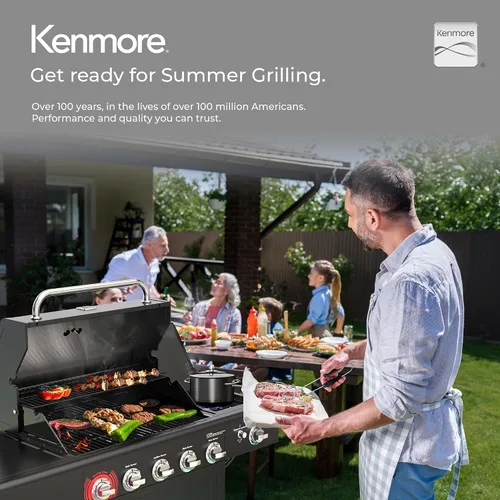 Vista 8 de Kenmore Parrilla de gas propano para barbacoa, 5 quemadores con quemador lateral y zona de sellado, parrilla de acero inoxidable de 644 pulgadas