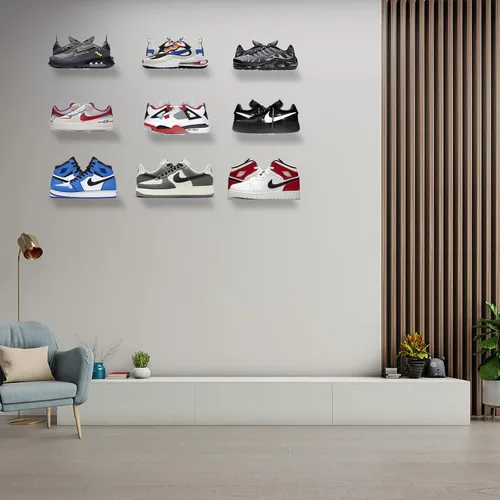 Vista 7 de Zapatero flotante de acrílico para montaje en pared, estante de almacenamiento transparente para uso doméstico, estante de exhibición de zapatos