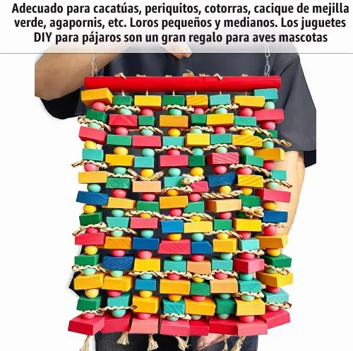 Vista 4 de Juguetes de pájaros extra grandes para guacamayos, bloques de madera multicolor juguete para masticar pájaros, jaula de loro, juguete de mordida