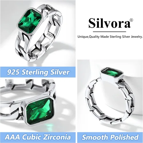 Vista 4 de Silvora Anillo de cadena de eslabones cubanos con circonita de plata de ley, regalo de compromiso de boda con embalaje delicado
