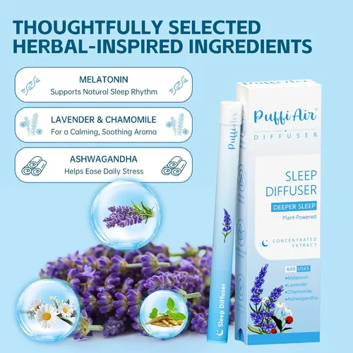 Vista 6 de Pluma de ansiedad herbal, difusor de melatonina con lavanda, manzanilla y ashwagandha para apoyo al sueño y alivio del estrés, 600 usos