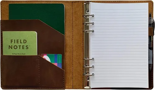 Vista 7 de Fan&Ran Diario de cuero recargable con papel rayado, carpeta A5 de 6 anillas, 100 hojas, marrón oscuro