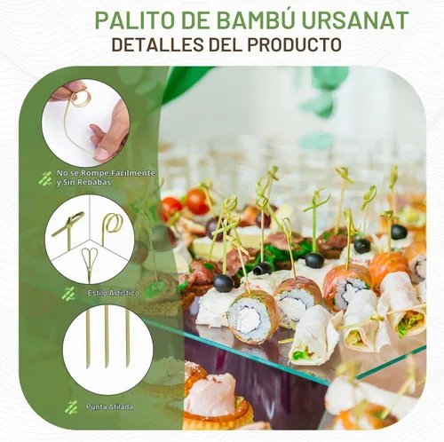 Vista 4 de URSMART 300 palillos de cóctel de bambú, palillos de dientes para aperitivos de 4.7 pulgadas, brochetas de bambú hechas a mano con lazo, nudo