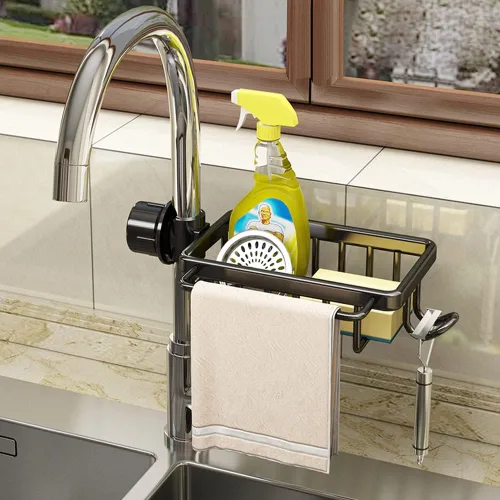 Vista 10 de Soporte de esponja para grifo, organizador para fregadero de cocina, bandeja colgante para drenaje de 1.8-2.8 cm de diámetro, organizador para Dorado