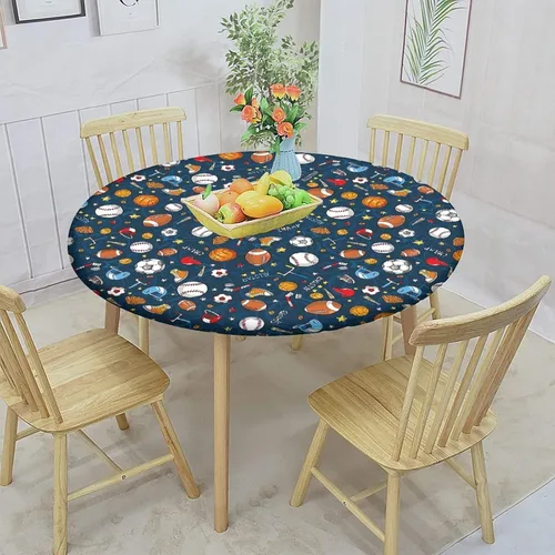 Vista 2 de Mantel ajustable de poliéster con bordes elásticos deportivos, con estampado de iconos de baloncesto, béisbol y fútbol, tamaño XL, se ajusta a mesas