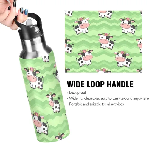 Vista 4 de Stainless Steel Vacuum Insulated Water Bottle 20 Oz, Leakproof Water Bottles for Gym Outdoor Travel School, Cute Cartoon Cows Green
