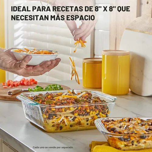 Vista 3 de [Usado] Pyrex Plato para hornear de vidrio profundo con tapa de plástico, cazuela profunda, recipiente de alimentos de vidrio, apto para horno