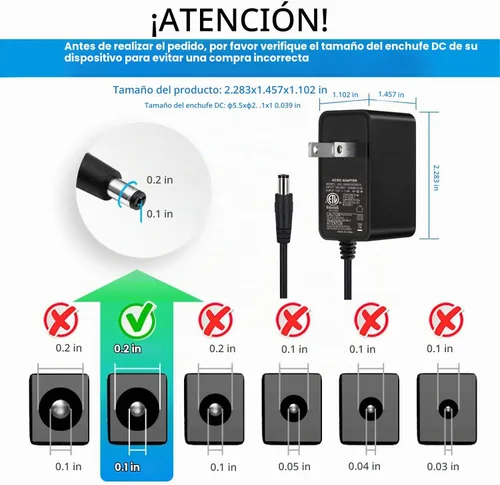 Vista 4 de Adaptador de fuente de alimentación de 12 V 1 A, certificación UL, 120 V CA a DC12 V Class2, cable de alimentación con punta de 0.217 x 0.083 in