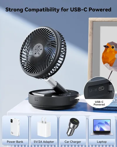 Vista 7 de Ventilador portátil oscilante de viaje, 10400mAh, funciona con pilas, recargable por USB, ventilador de piso, mesa, escritorio con control remoto, 4