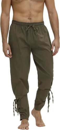Vista 3 de Pantalones de hombre con banda de tobillo y puños estilo renacentistas medievales vikingos y navegador disfraz para cosplay de pirata con cordones