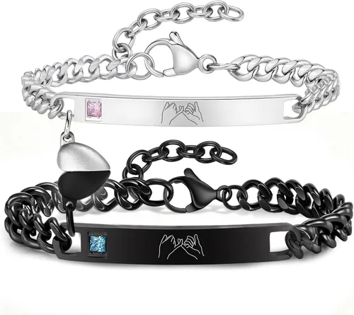 Vista 8 de MEALGUET Pulseras a juego para parejas para hombres y mujeres: juego de pulseras de cadena de eslabones cubanos de acero inoxidable para novio