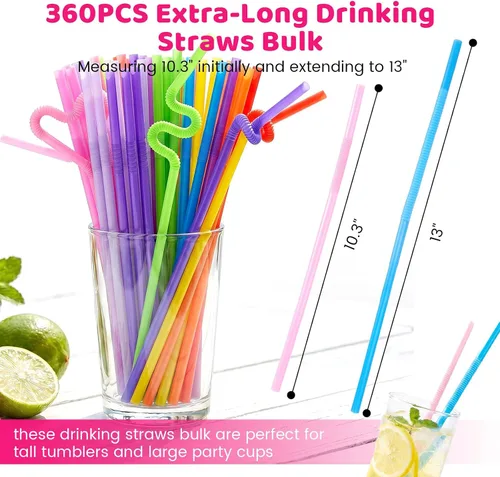 Vista 2 de HANSGO 360 unidades de pajitas para beber flexibles, pajitas de plástico desechables coloridas y flexibles extra largas para fiesta de cumpleaños