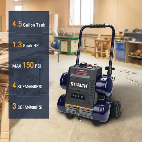 Vista 3 de STEALTH Compresor de aire ultra silencioso, 64 decibelios 4.5 galones pico 1.3 HP máximo 150 PSI, bomba de aire sin aceite, compresor de aire