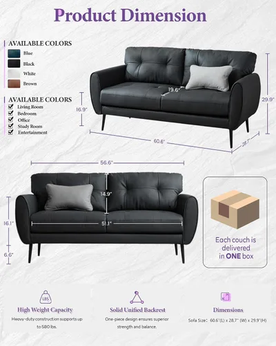 Vista 2 de TYBOATLE Sofá de sofá de 61 pulgadas de cuero sintético negro, sofá de dos plazas pequeño para sala de estar, sofá de estilo moderno de mediados