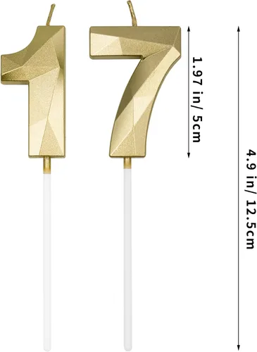 Vista 2 de Velas de cumpleaños número 17 y 71 para pastel, velas doradas con forma de diamante 3D con forma de diamante, decoraciones de cumpleaños