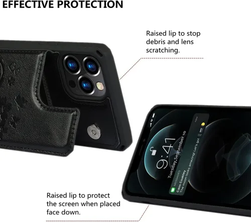 Vista 4 de iCoverCase Funda compatible con iPhone 12 Pro Max con tarjetero para mujer, bloqueo RFID en relieve de piel sintética con correa de muñeca de 6.7