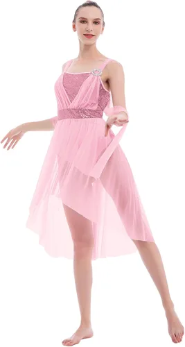 Vista 5 de IBAKOM Disfraces de baile lírico para mujer, vestido de baile contemporáneo con lentejuelas brillantes, vestido de baile fluido de gasa
