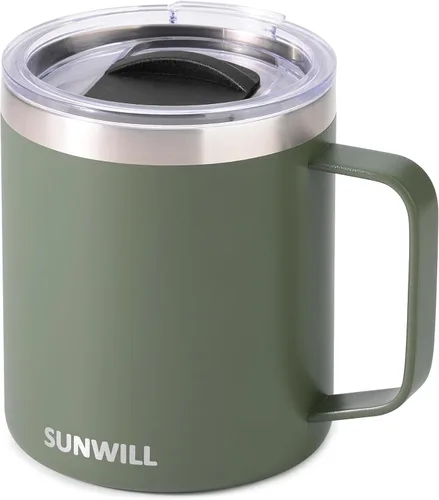 Vista 8 de SUNWILL - Taza de café de viaje con tapa, taza aislada con asa, taza de acero inoxidable de 14 oz para hielo, agua, té, color oro rosa