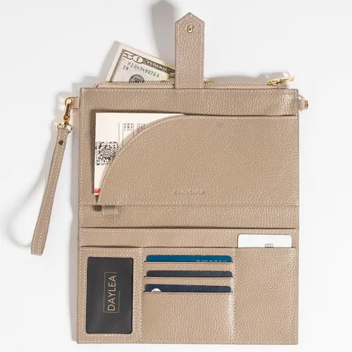 Vista 5 de Cartera de cuero genuino para mujer con protección RFID, cartera plegable para teléfono celular, con cremallera, diseño delgado, con múltiples