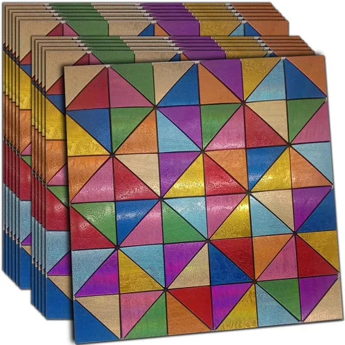 Vista 8 de XUANINY Azulejos contra salpicaduras para despegar y pegar, con superficie de aluminio triangular arcoíris, calcomanía de mosaico de metal