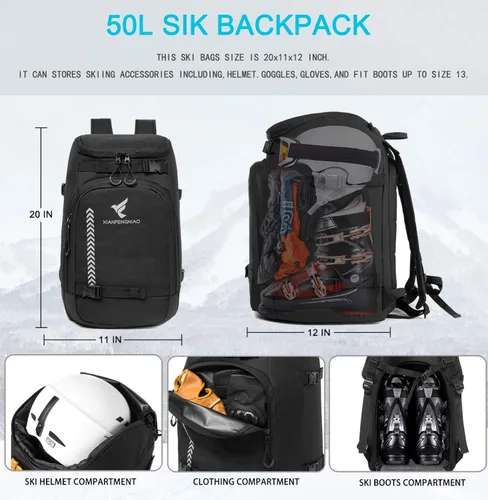 Vista 2 de Ski Boot Bag,50L/70L Waterproof Skiing Boot Travel Backpack for Snowboard Boots, Ski Helmet, Goggles, Gloves, Skis, Snowboard & Accessories for
