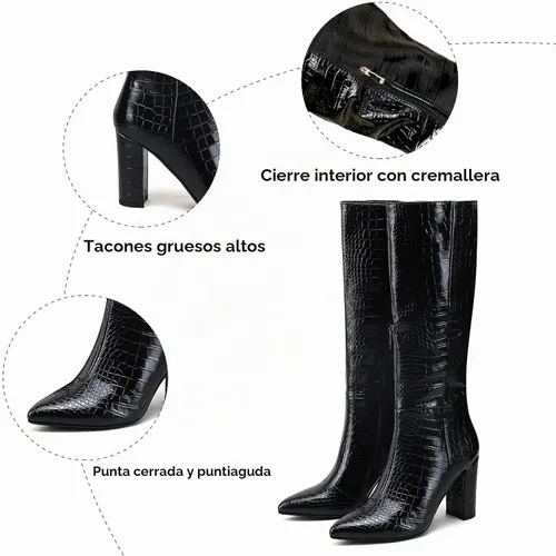 Vista 4 de Modatope Botas de Montar hasta la Rodilla para Mujer - Altas, Botas GoGo Gruesas de Cocodrilo Sintético para Pantorrilla Larga - Tacón de Bloque